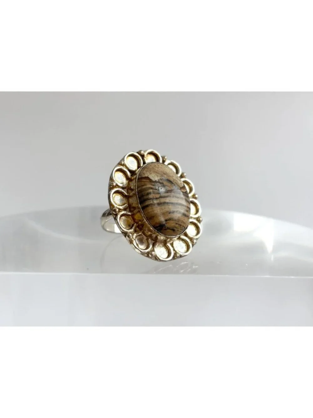 Banded Brown Agate Cabochon Scalloped Sterling Silver 925 Vintage Ring - sz 9